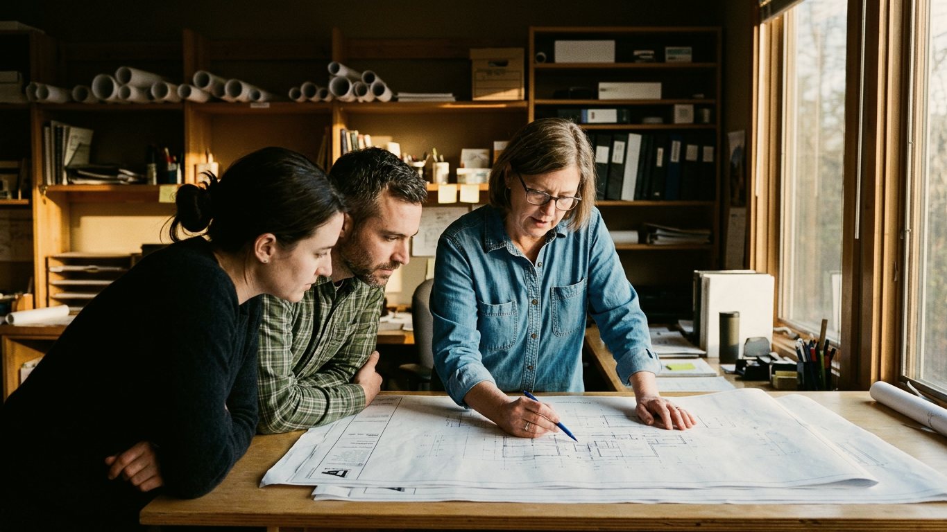 An experienced tradeswoman points at a detail on a paper drawing while two younger colleagues lean in to watch.