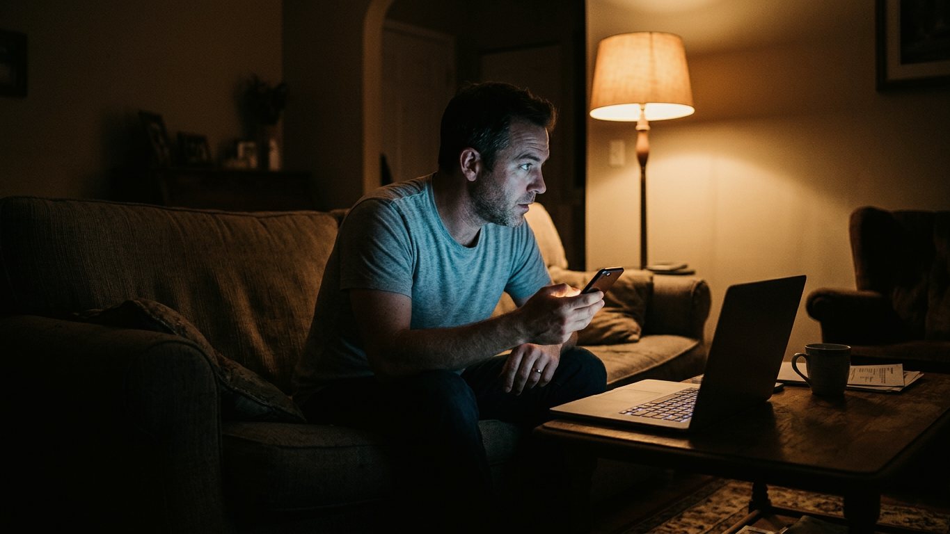 A man on a couch at night glances away from a laptop toward the phone in his hand.