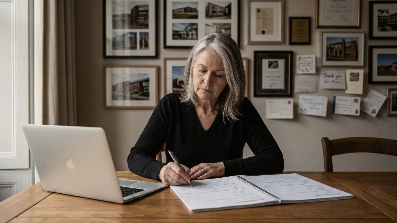 A woman with grey hair fills in a printed workbook at her dining table, a laptop open beside her and a wall of framed project photos and handwritten thank-you notes behind her.