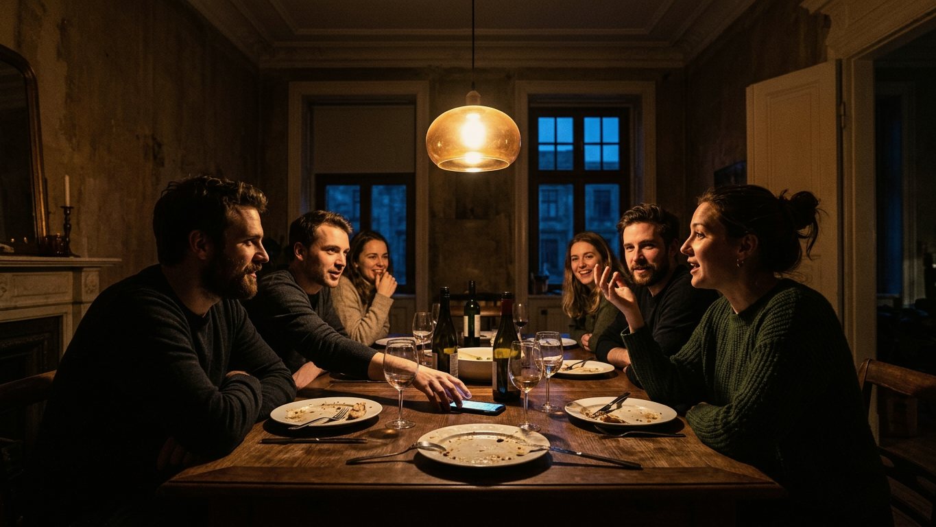 Six friends around a late dinner table; one leans in mid-sentence as another reaches for a phone.