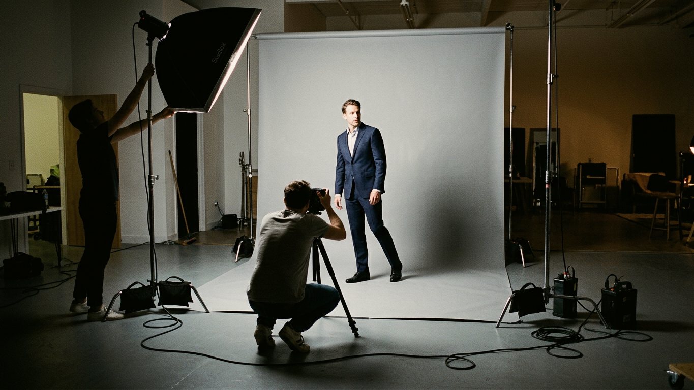 A man in a suit shifts his weight on a studio backdrop while a photographer and assistant set a light.